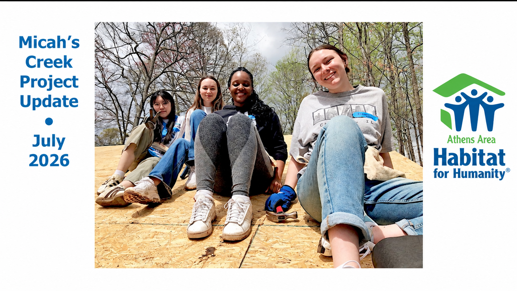 Four volunteers seated on the roof deck of a Micah's Creek home under construction