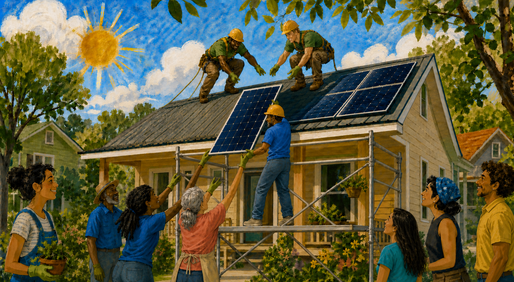 Illustration of adult community volunteers passing a standard-size solar panel to a blue-shirted volunteer on scaffolding and two green-shirted professional installers on a roof
