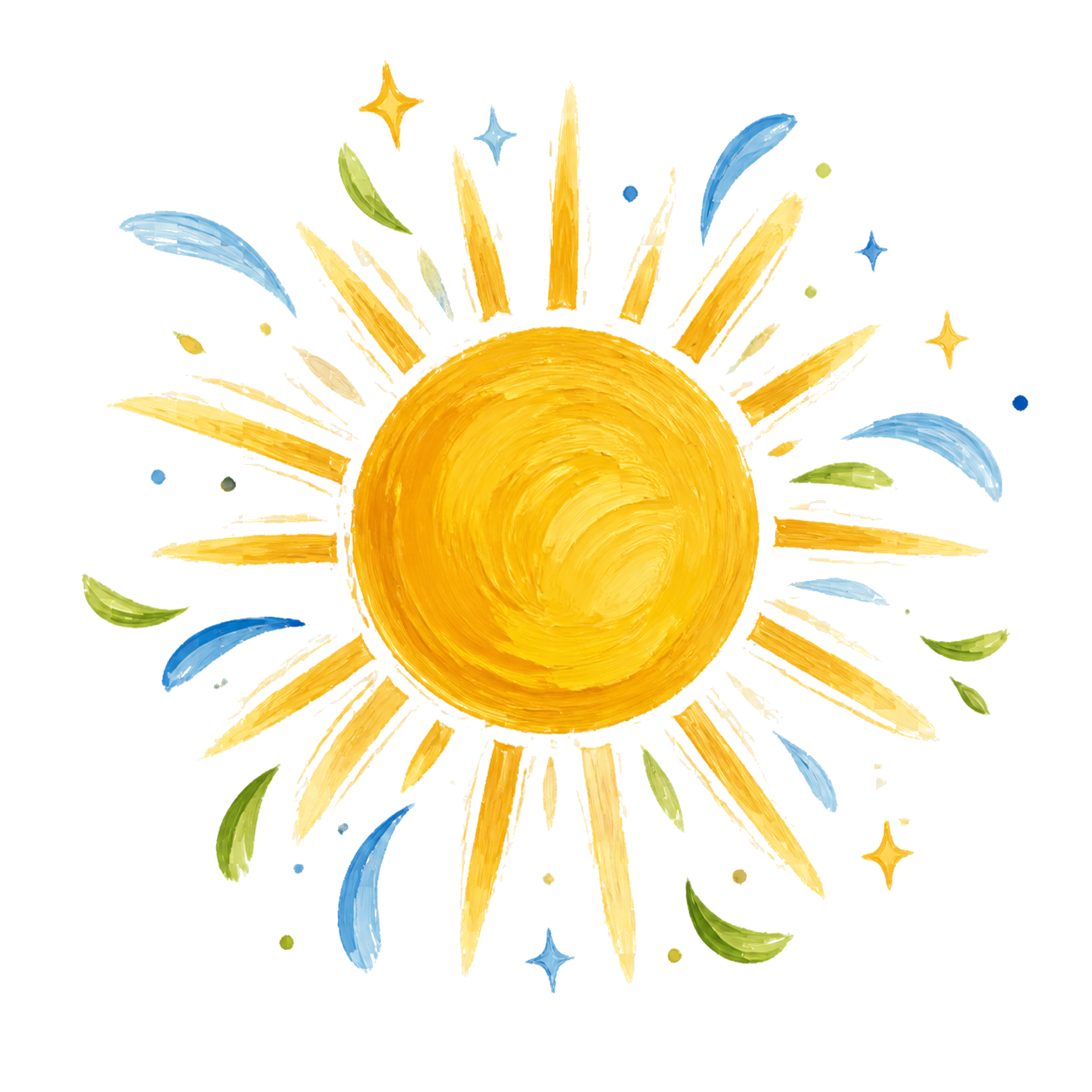 A cheerful hand-painted sun with blue and green accents